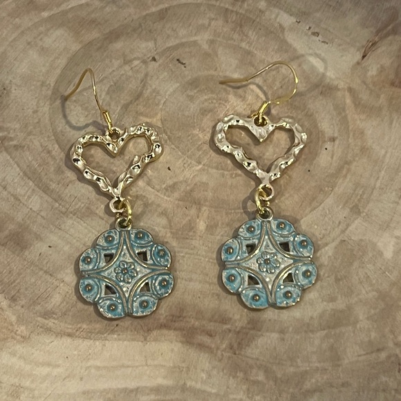 Gold and Turquoise Heart Drop Earrings - Picture 3 of 3